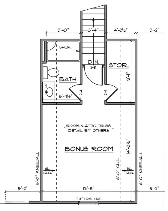 Floor plan showing a bonus room, storage, bathroom with shower, toilet, and sink, as well as stairs. Room dimensions and construction notes are labeled throughout the plan.