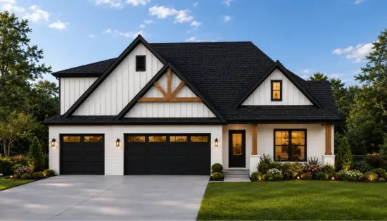 Modern farmhouse with white siding, black roof, three-car garage, and manicured landscaping. The house features large windows, wooden accents, and is set against a backdrop of trees and a blue sky with clouds. Discover more about us through this beautifully designed home that perfectly blends classic charm with contemporary style.