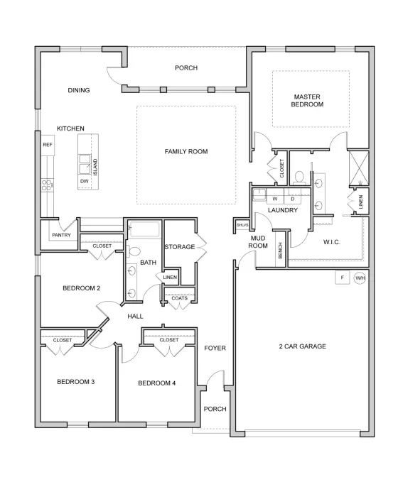 Black and white floor plan of a single-story Rockwell house featuring four bedrooms, two bathrooms, kitchen, dining, family room, laundry, mud room, storage, pantry, two porches, and a two-car garage.