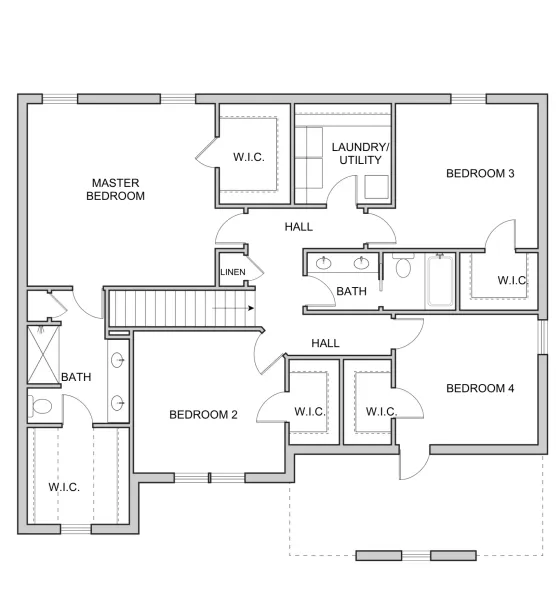 Black and white floor plan with four bedrooms, three bathrooms, laundry/utility room, multiple walk-in closets, and hallways connecting all rooms—perfect for accommodating a growing family like Emma’s. The master suite features a private bath and closet for comfort and convenience.