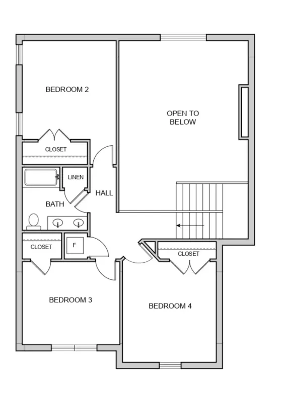 Second floor plan with three bedrooms, one bathroom, hall, linen closet, stairway, and closets in each bedroom. The open to below area overlooks the lower floor, bringing a touch of Brooklyn loft-inspired charm to the layout.