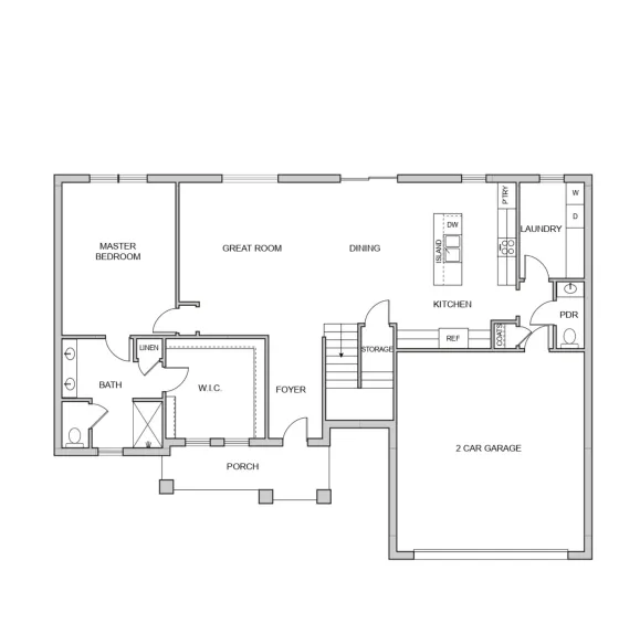 Black and white floor plan of the Camryn house with 2-car garage, kitchen, dining, great room, master bedroom, bath, laundry, W.I.C., foyer, porch, linen closet, and storage.