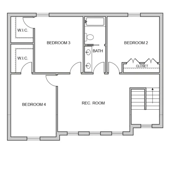 Floor plan of the CAMRYN house level featuring three bedrooms, a spacious recreation room, a bathroom, two walk-in closets, a standard closet, and stairs. Doors and windows are shown in each room.