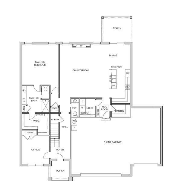 Black and white floor plan of a single-story house—perfect for Chloe—with a master bedroom, office, family room, kitchen, dining area, laundry, pantry, mudroom, 3-car garage, front and back porches, bathrooms, and various storage spaces.