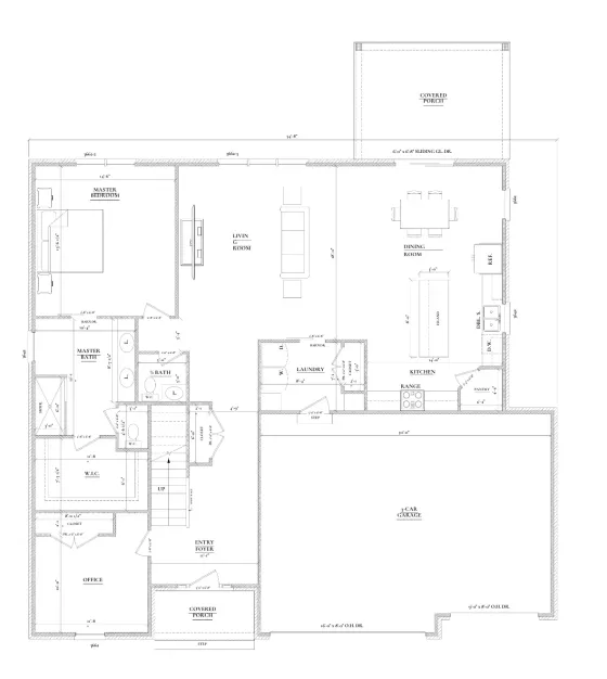 Black and white floor plan of a single-story home, showing labeled rooms including garage, bedrooms, bathrooms, kitchen, pantry, living room, dining, office, closets, laundry, entry, and covered patios.