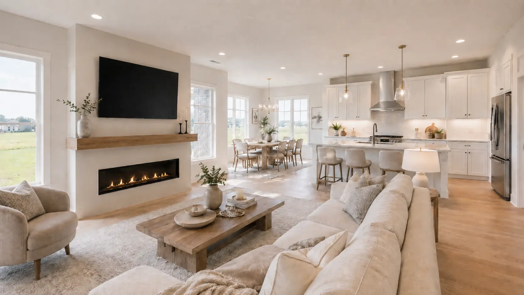 Spacious open-concept living room and kitchen with a Chloe beige sofa, wood coffee table, modern fireplace, wall-mounted TV, barstools, dining area, and white cabinetry. Large windows let in natural light