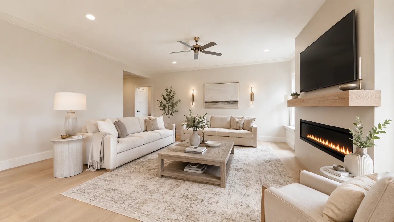 Modern living room with light beige sofas, armchair, wooden coffee table, wall-mounted TV above a fireplace, neutral decor, area rug, and soft lighting. Two plants and framed art add a touch of greenery and style to this inviting space curated by Chloe