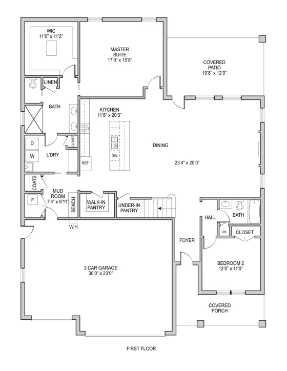 First floor plan for the Theo model features a master suite, bedroom, two baths, kitchen, dining, laundry, mudroom, walk-in pantry, three-car garage, foyer, covered porch, and covered patio. Rooms are labeled with sizes and features.