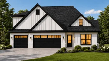 Modern white house with black trim and three garage doors, large windows with warm lighting, and a manicured lawn bordered by shrubs and trees create the inviting curb appeal of Theo’s residence. A concrete driveway leads to the front door, welcoming guests into this stylish retreat.