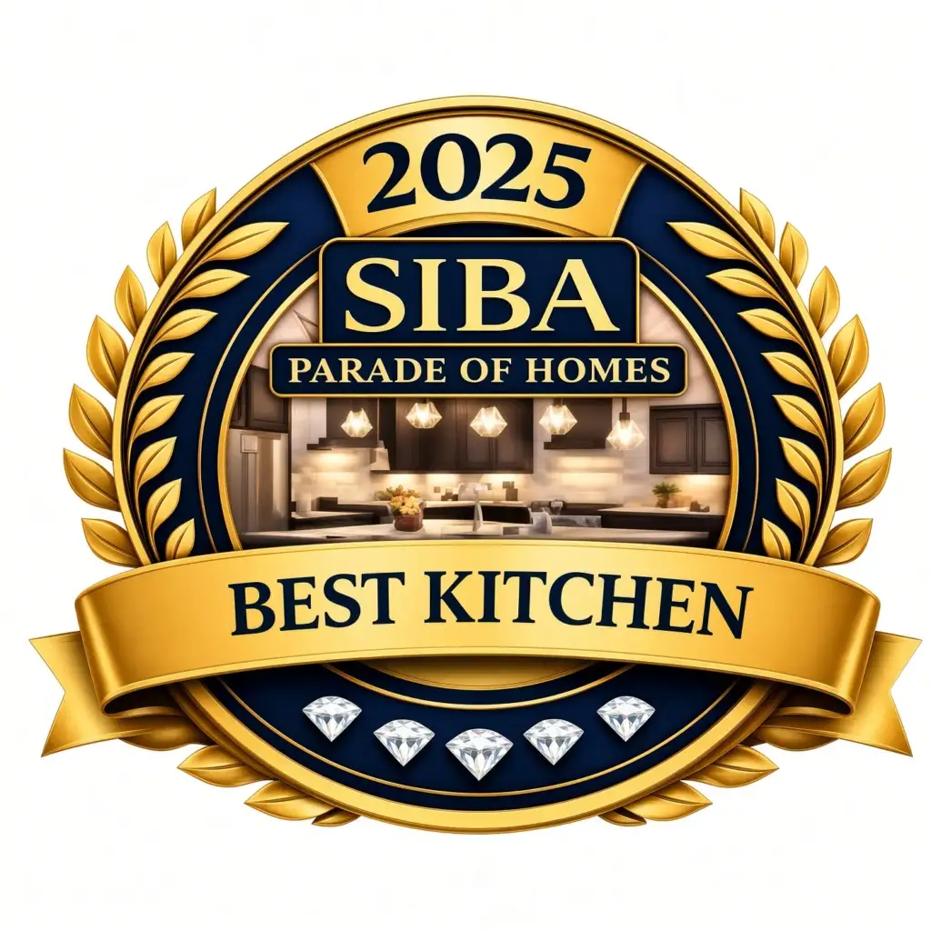 Gold and navy badge reads 2025 SIBA Parade of Homes Best Kitchen for new construction in Evansville.