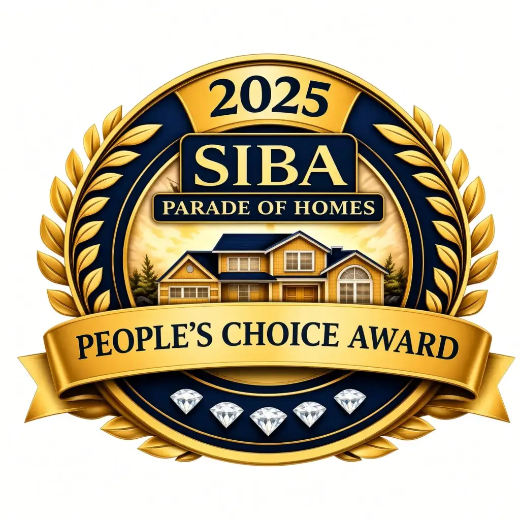 Gold and blue 2025 SIBA Parade of Homes peoples choice award badge for Evansville new construction with house graphic.