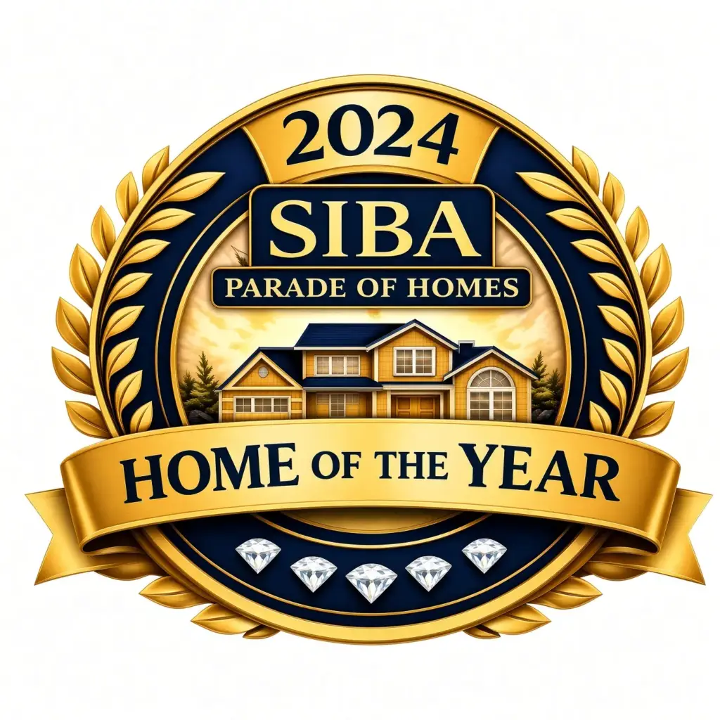 Gold and blue SIBA 2024 Home of the Year badge by Chris Brown Homes, Evansville new construction.