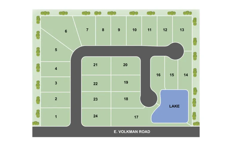 A map of Green River Meadows, a housing subdivision with 24 numbered lots, features a central curved road and a small lake in the lower right near E. Volkman Road. Trees line the top and bottom edges.