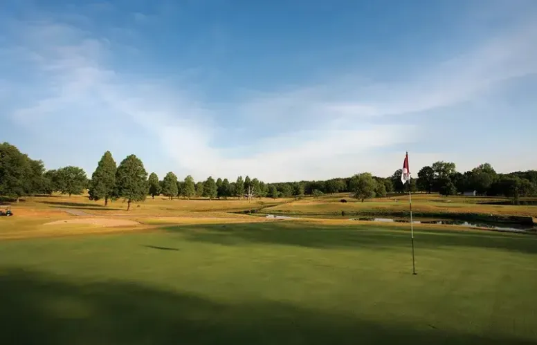 A golf course with a flag on the green, surrounded by trees under a clear blue sky, creates the perfect backdrop for a blog about outdoor adventures. The landscape is open and spacious, with sunlight casting shadows on the grass.