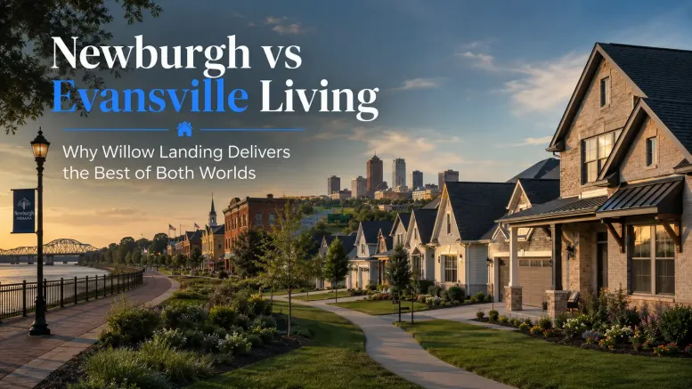 A scenic suburban neighborhood at sunset with a walking path, houses, and a city skyline in the background sets the scene for this blog. Text reads, “Newburgh vs Evansville Living. Why Willow Landing Delivers the Best of Both Worlds.”.