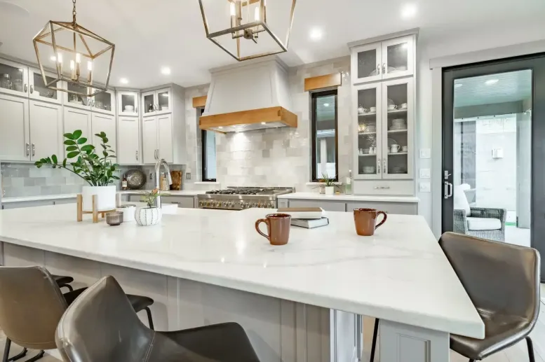 Modern kitchen with white cabinets, marble island, brown chairs, two brown mugs, books, potted plants, stainless steel appliances, and glass cabinets—a perfect setting for a lifestyle blog—with a door leading to an inviting outdoor area.