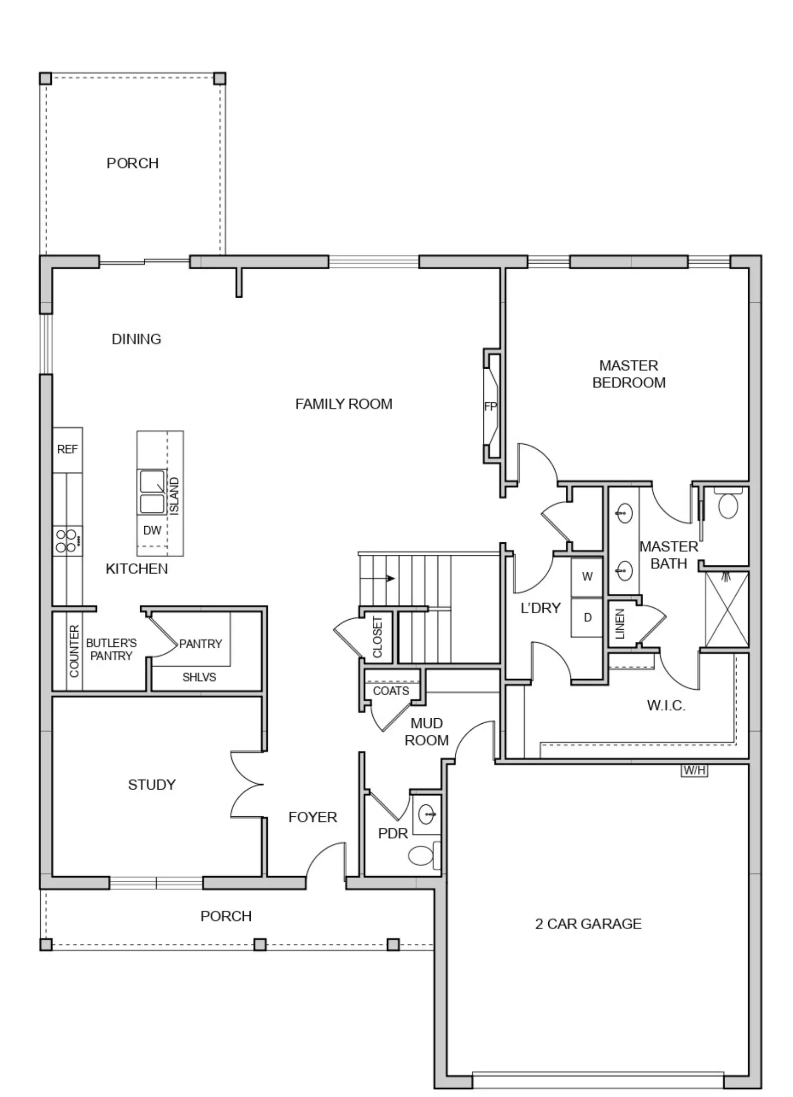 Brooklyn house first-floor plan with open living areas, primary suite, porches, and two-car garage.