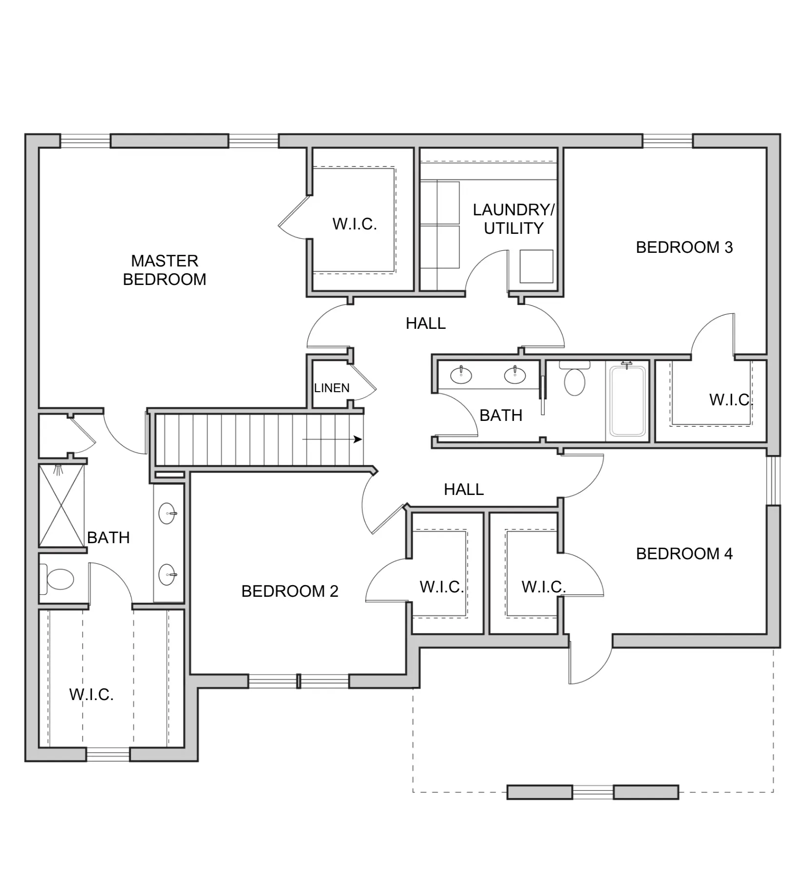 Emma four-bedroom upper-level floor plan with two bathrooms, walk-in closets, laundry, and central staircase.