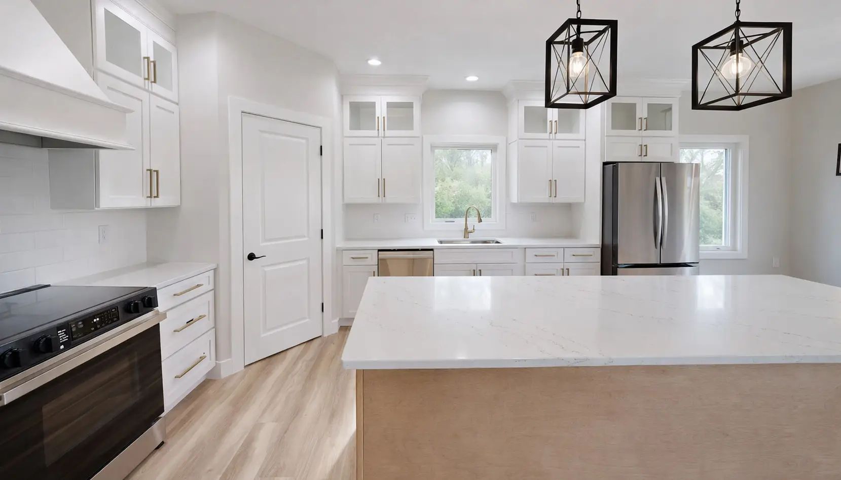 Amy Side-Garage Modern White Kitchen With Island