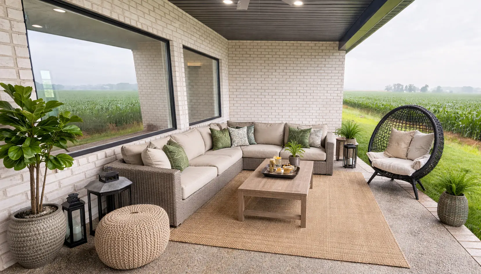 Aurora Covered Patio Overlooking Lush Green Fields
