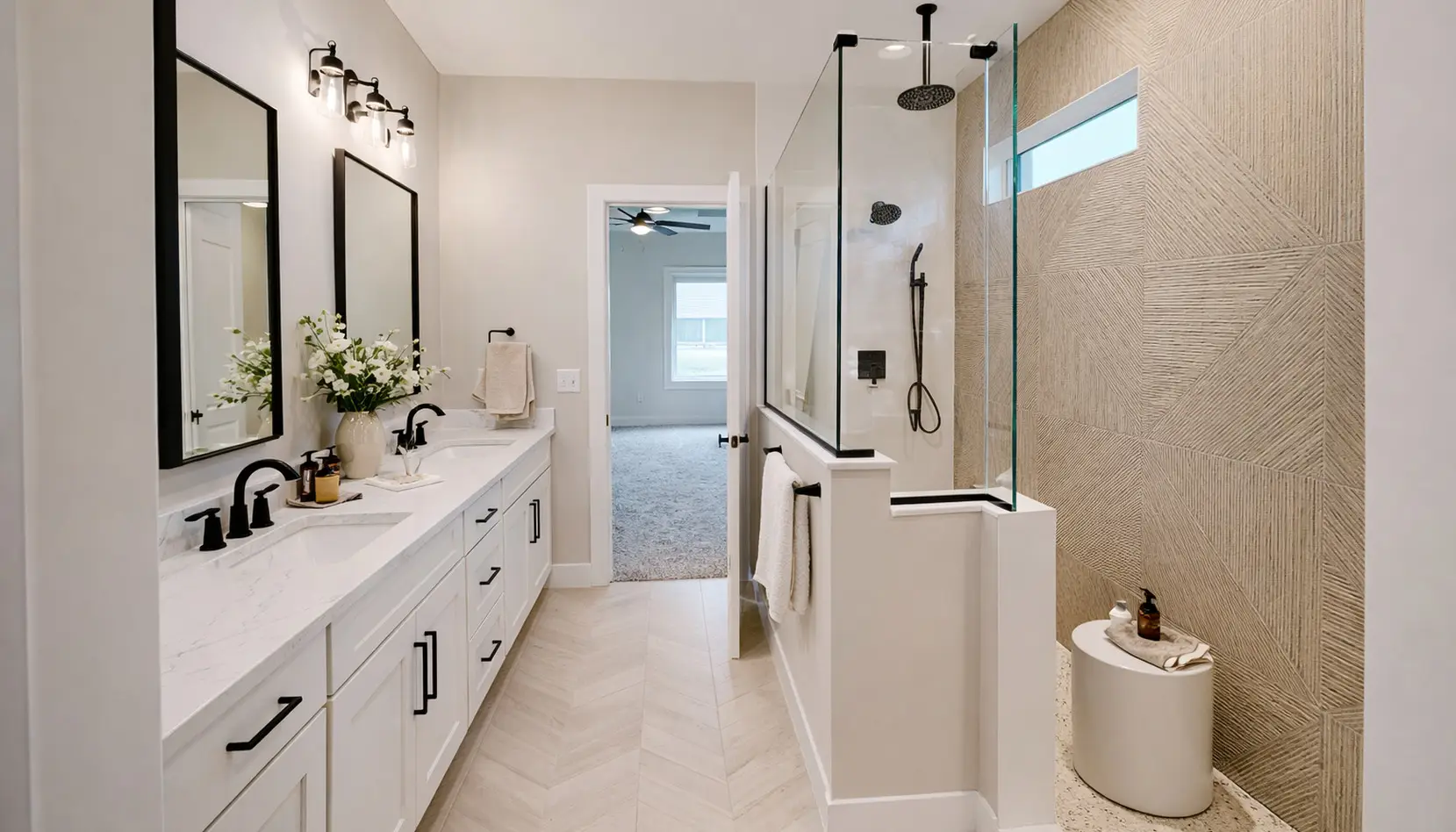 Aurora Modern Bathroom With Double Vanity and Glass Shower