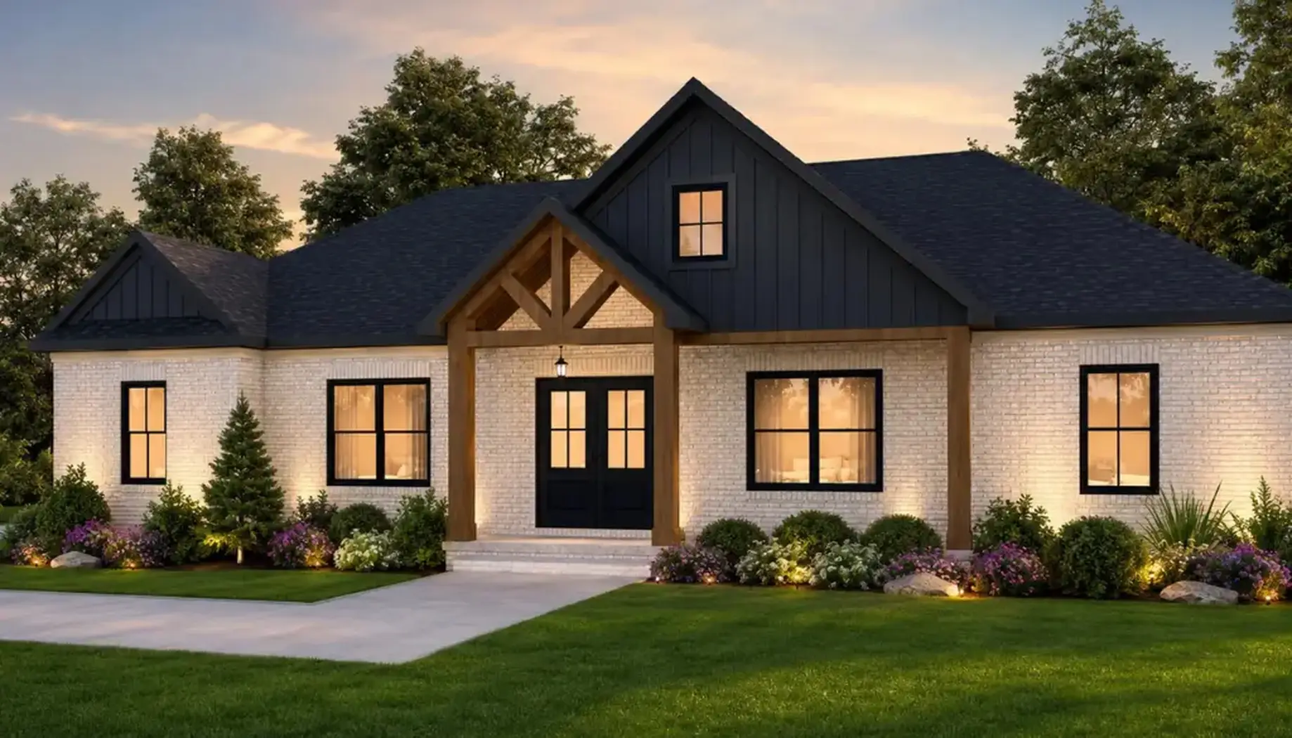 Ava White Brick Modern Farmhouse at Dusk
