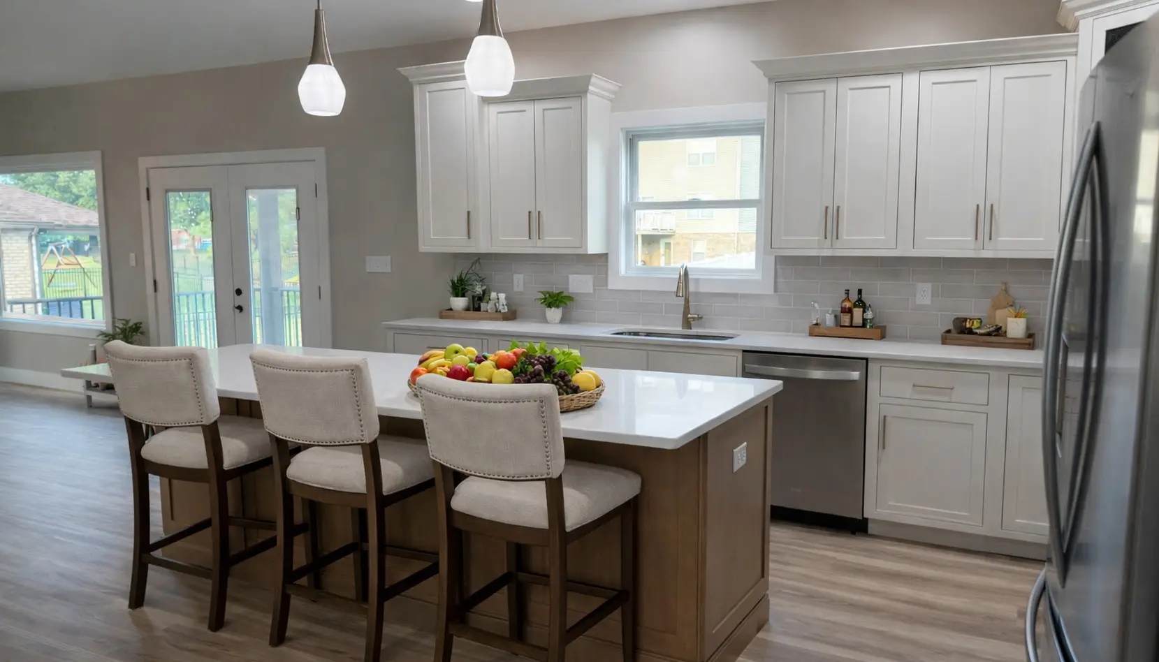 Modern White Kitchen With Cooper Stools and Island
