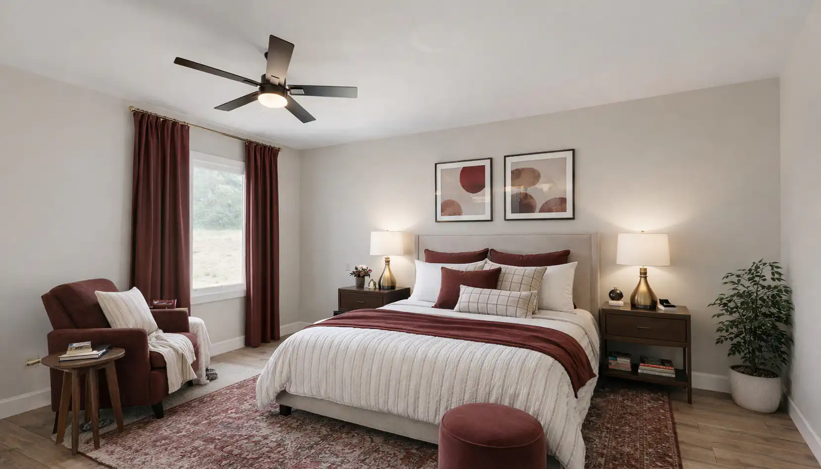 Cozy Sophia bedroom with a bed, burgundy accents, two nightstands with lamps, an armchair, ottoman, framed art above the bed, window with burgundy curtains, and a ceiling fan. A small plant is in the corner