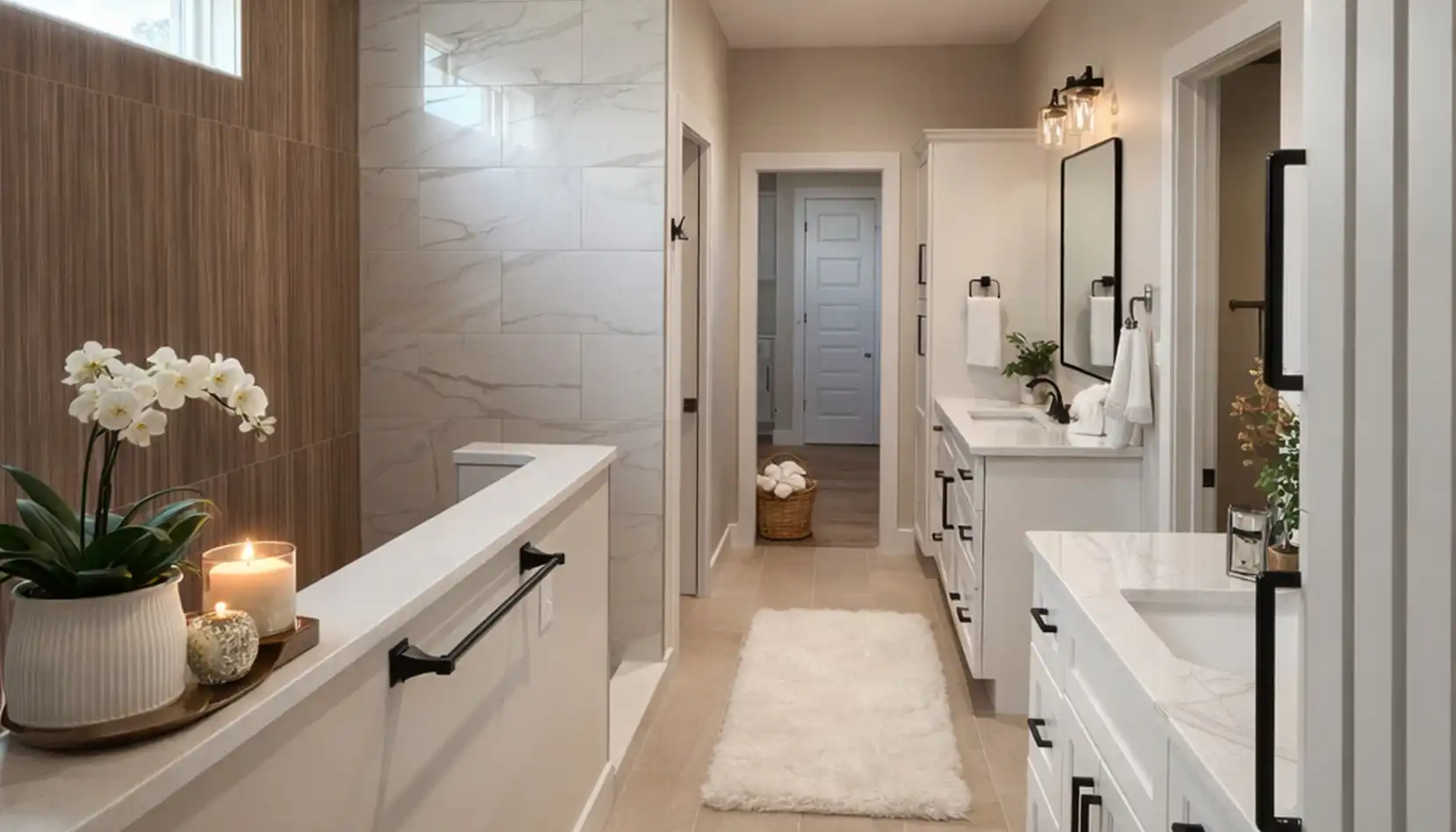 Modern bathroom with white countertops, double sinks, a fluffy white rug, a lit candle, orchid flowers, and a basket with towels at the end of the room. Light walls and natural light create a clean, serene atmosphere reminiscent of Sophia’s timeless elegance