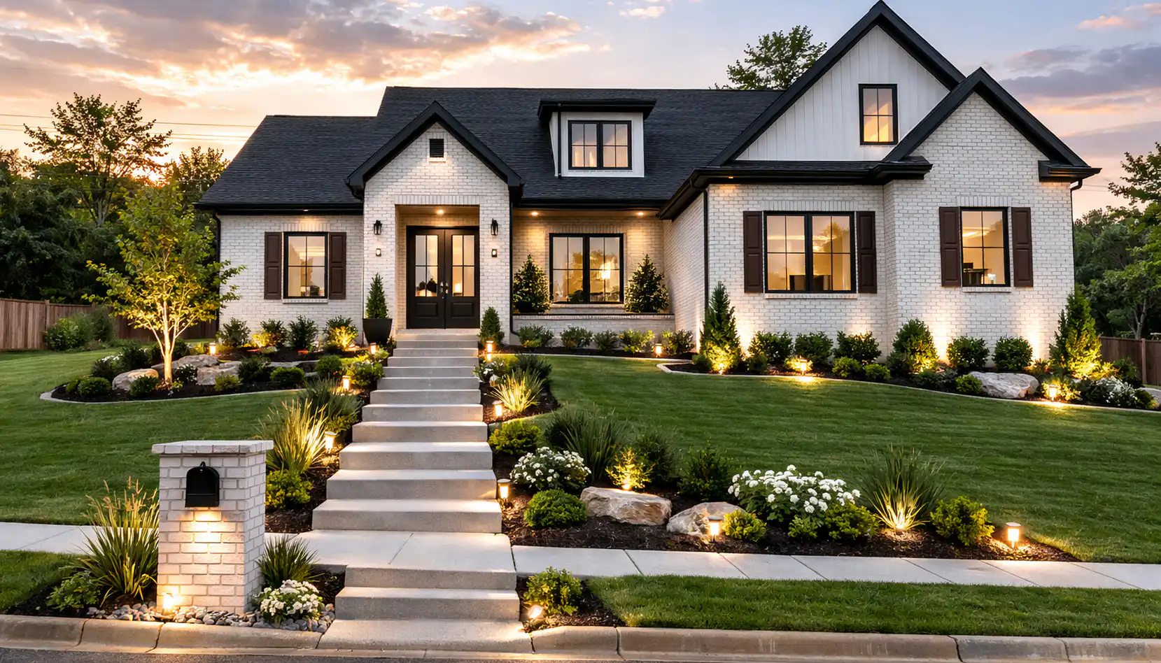 Modern suburban house with white brick exterior, manicured lawn, illuminated landscaping, and wide front steps leading to a dark front door at sunset. Trees and shrubs frame the yard, creating a welcoming appearance reminiscent of Sophia’s timeless elegance