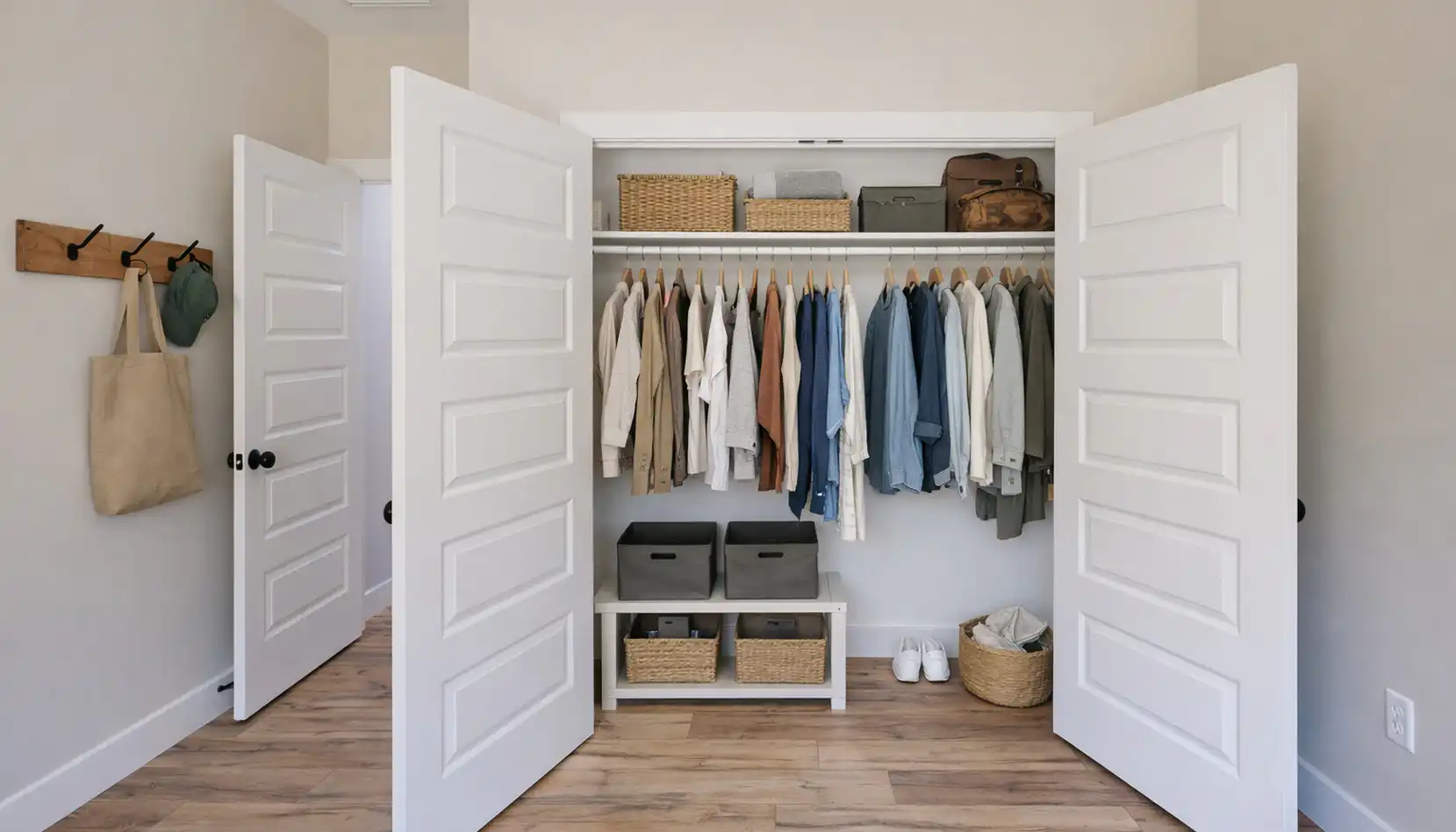 Sophia’s organized closet features pristine white doors, neutral clothing on hangers, storage boxes, baskets, and shoes neatly lined up on the floor. Light wood flooring and beige walls complete the tidy room