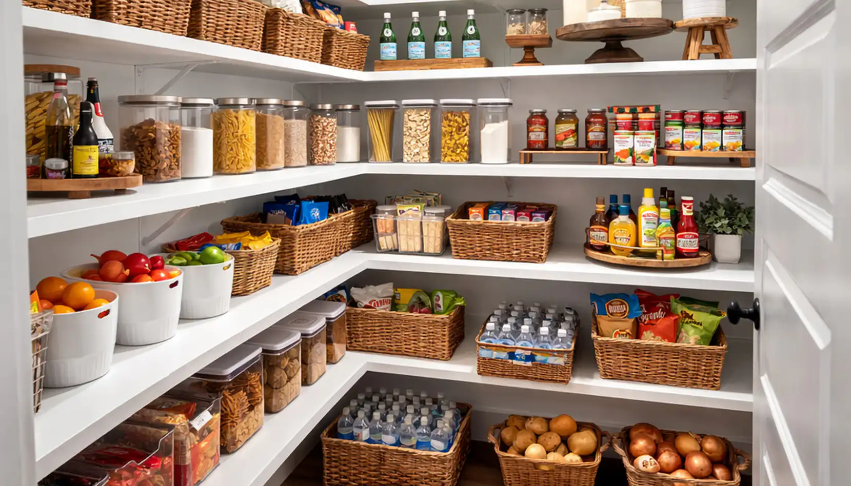 Sophia's neatly organized pantry features shelves holding baskets of snacks, bottled water, pasta, canned goods, sauces, fresh produce, and jars. Everything is arranged in tidy rows on crisp white shelves