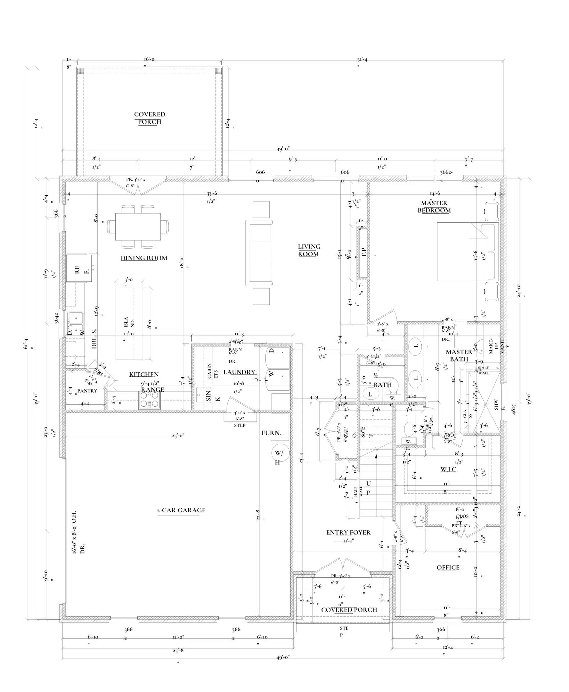 Amy side-garage house floor plan with room labels and dimensions.