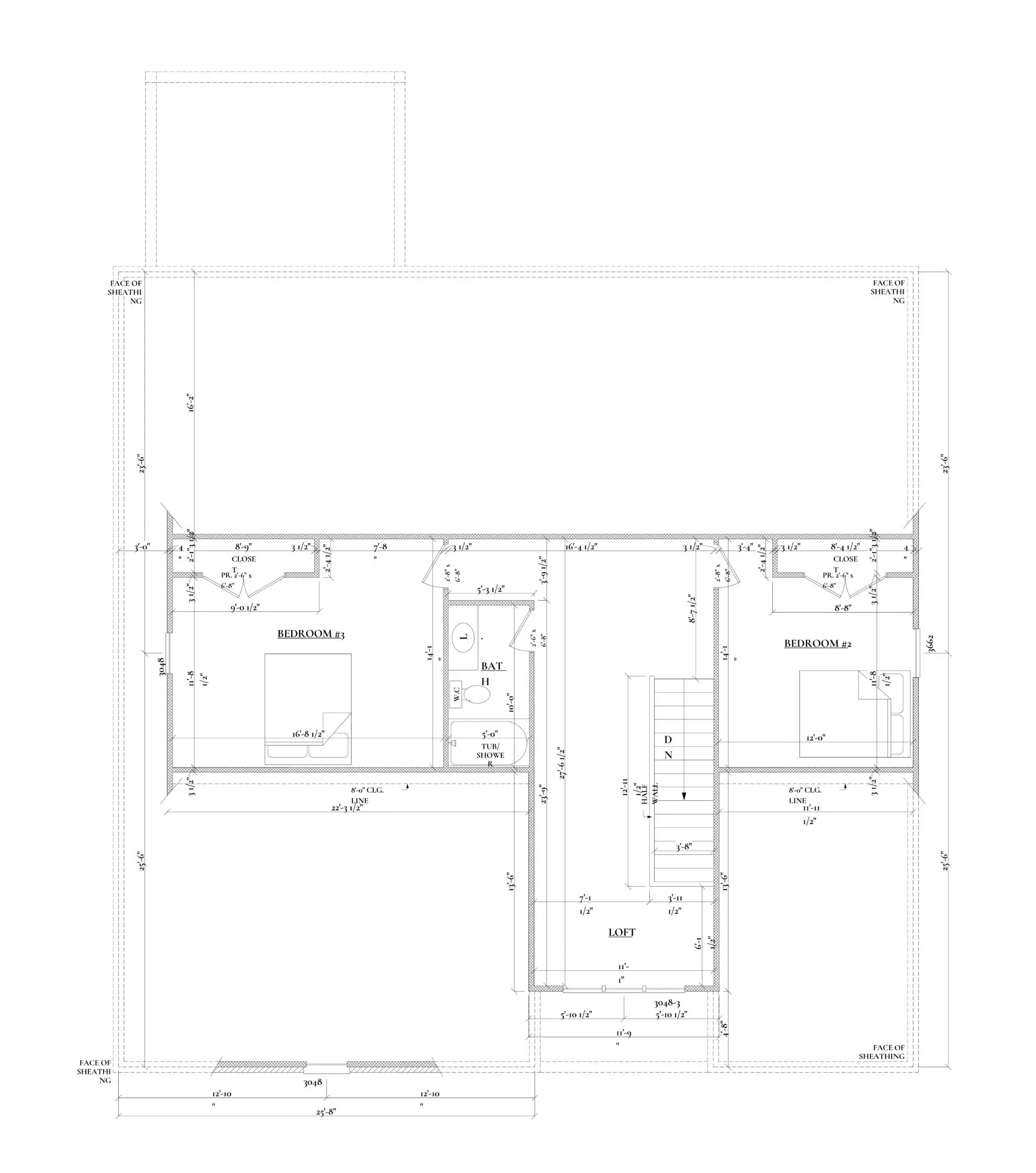 Side garage second-floor plan with two bedrooms, bathroom, central loft, and staircase.