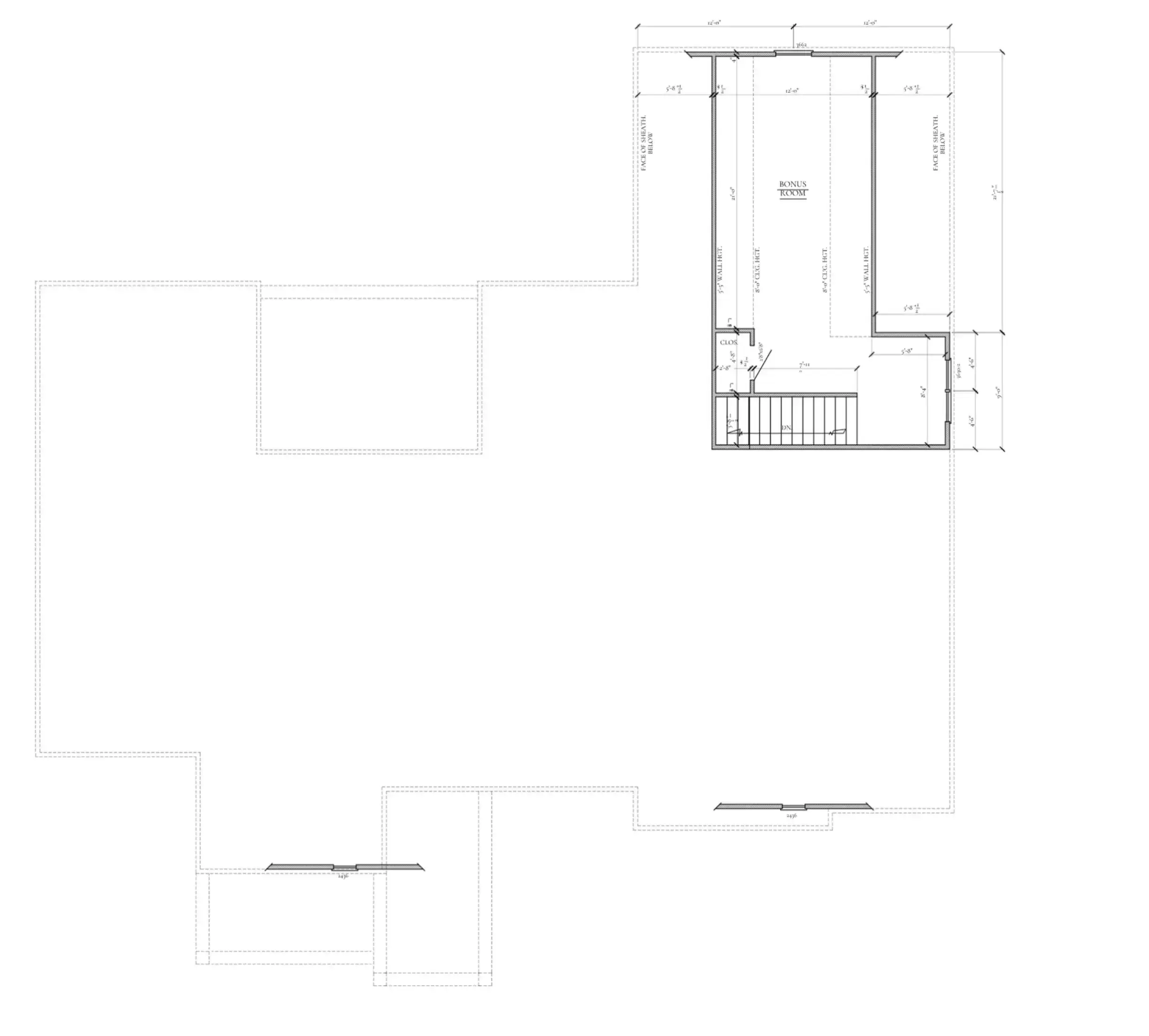 Floor plan of bonus room, storage, bathroom, stairway, and unfinished space.