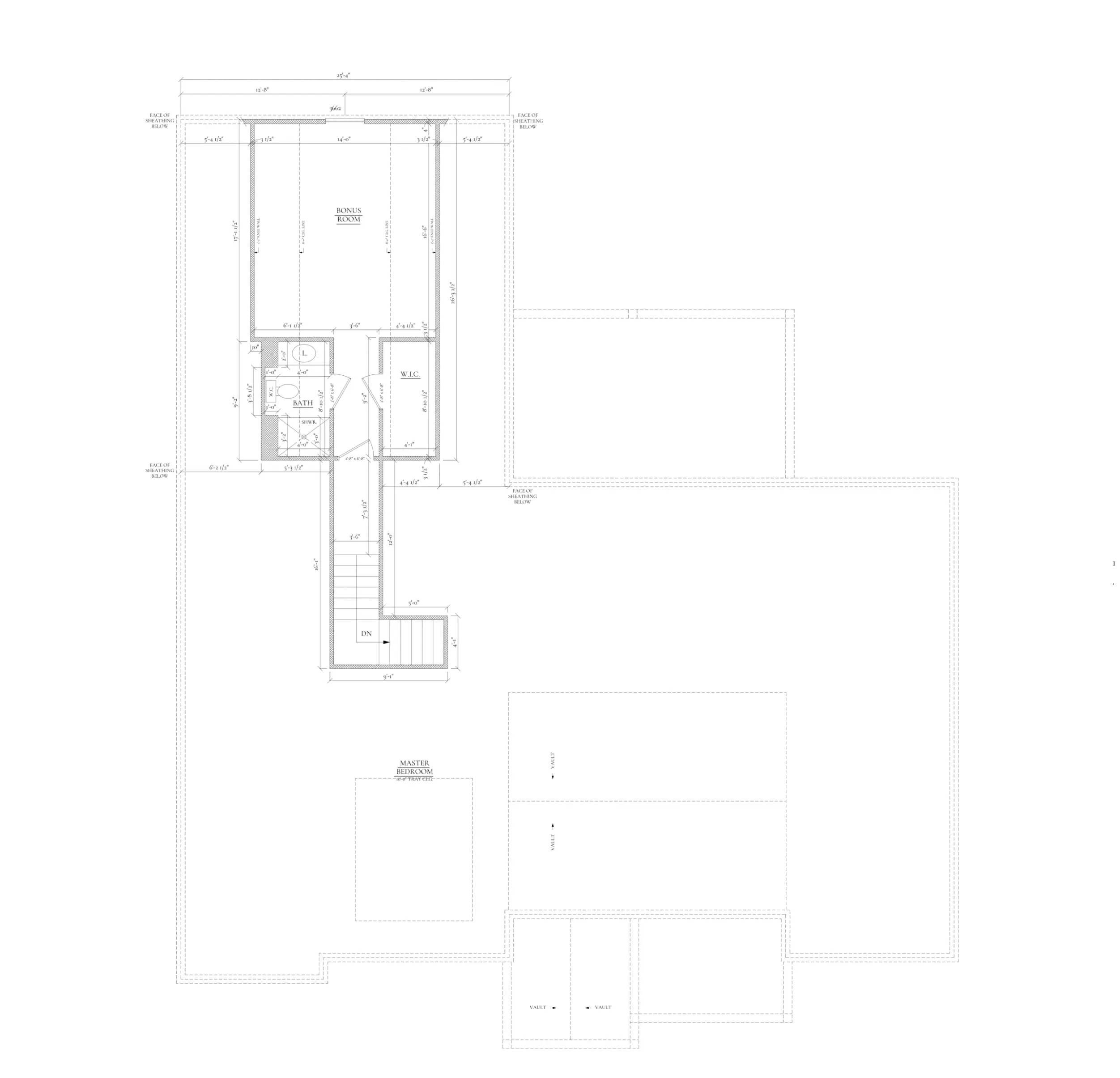 Garage floor plan with bathroom, stairs, narrow room, and unfinished open space.