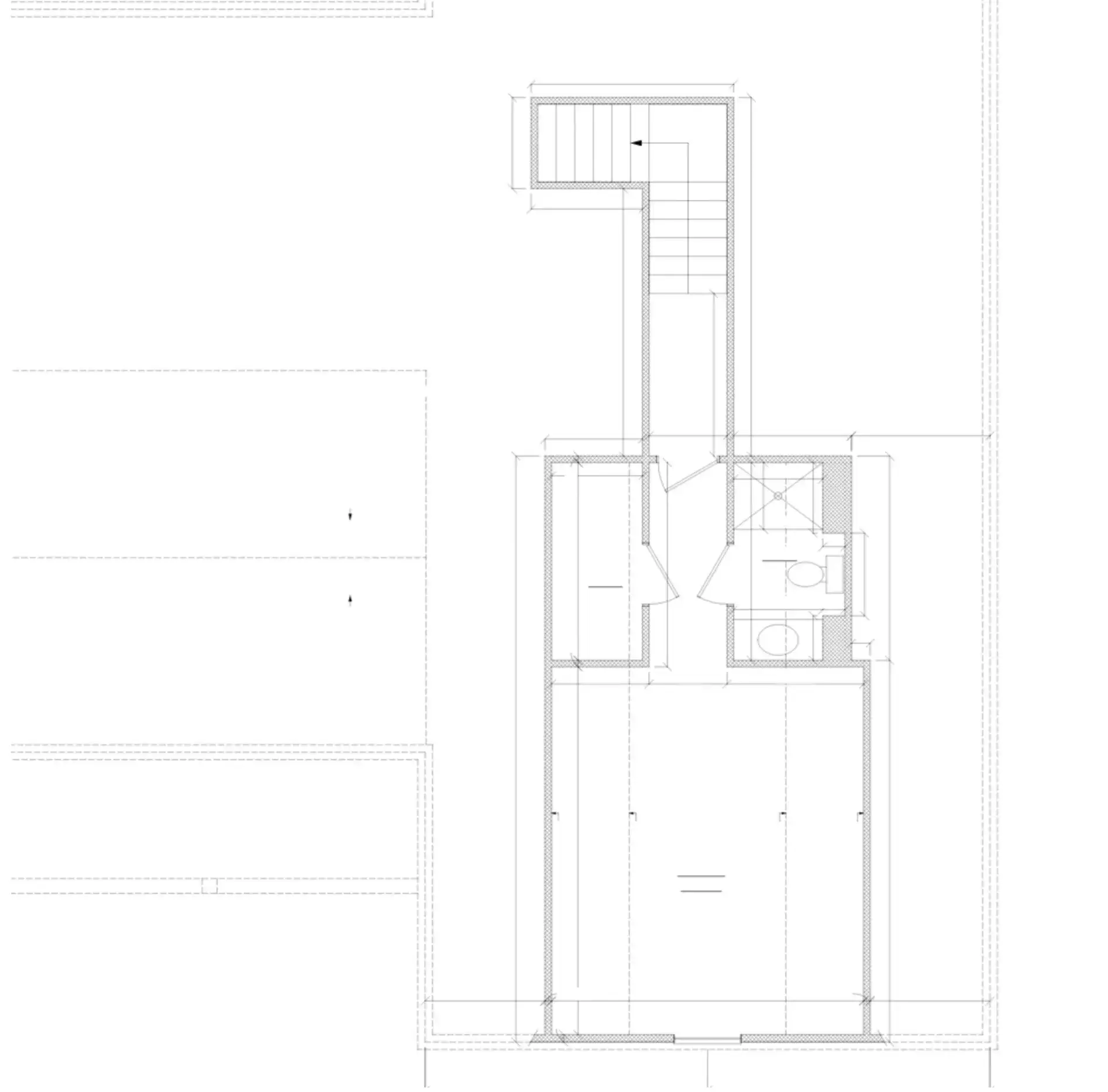 Ava Front-Garage main-level floor plan with stairwell, bathroom, and open living area.