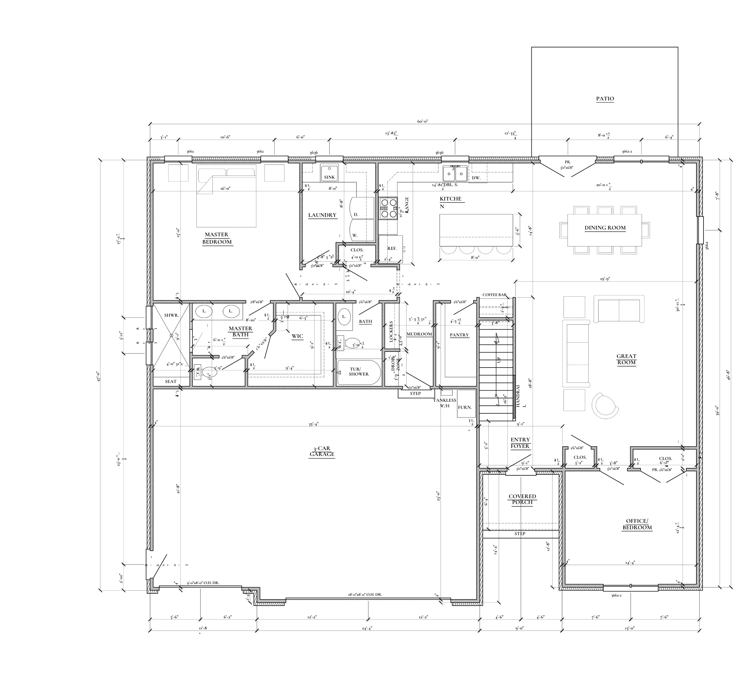 Cooper House floor plan showing bedrooms, bathrooms, garage, staircase, and open living areas.