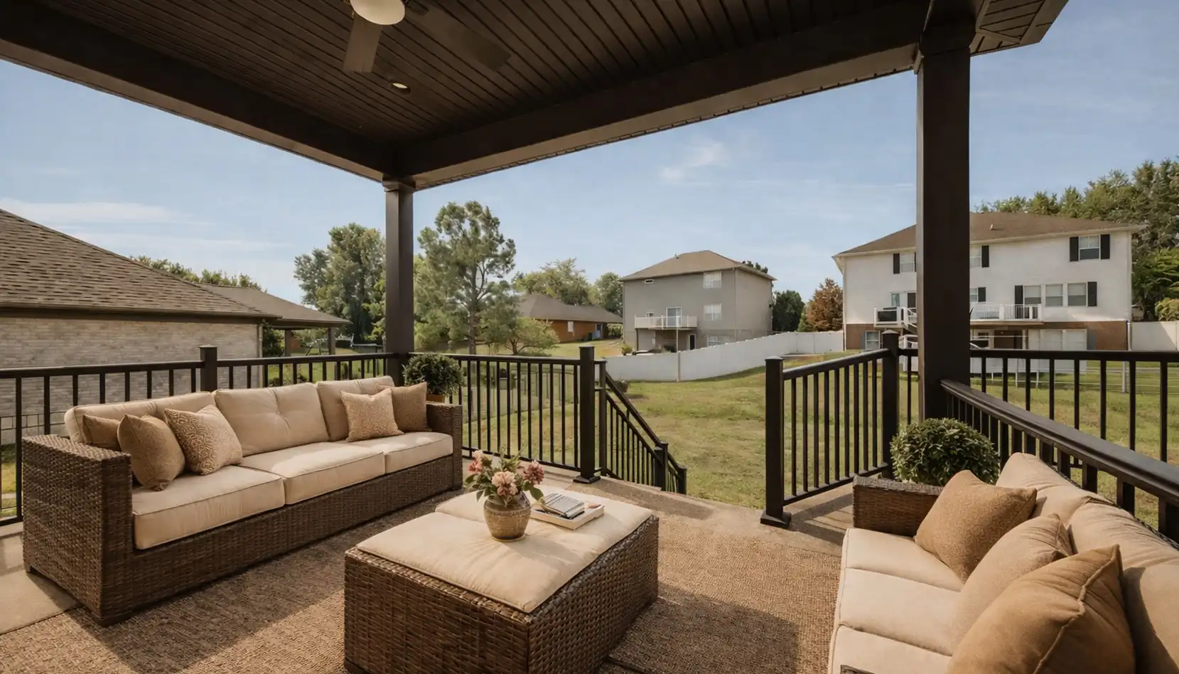 Cooper Covered Porch With Wicker Seating and Backyard View