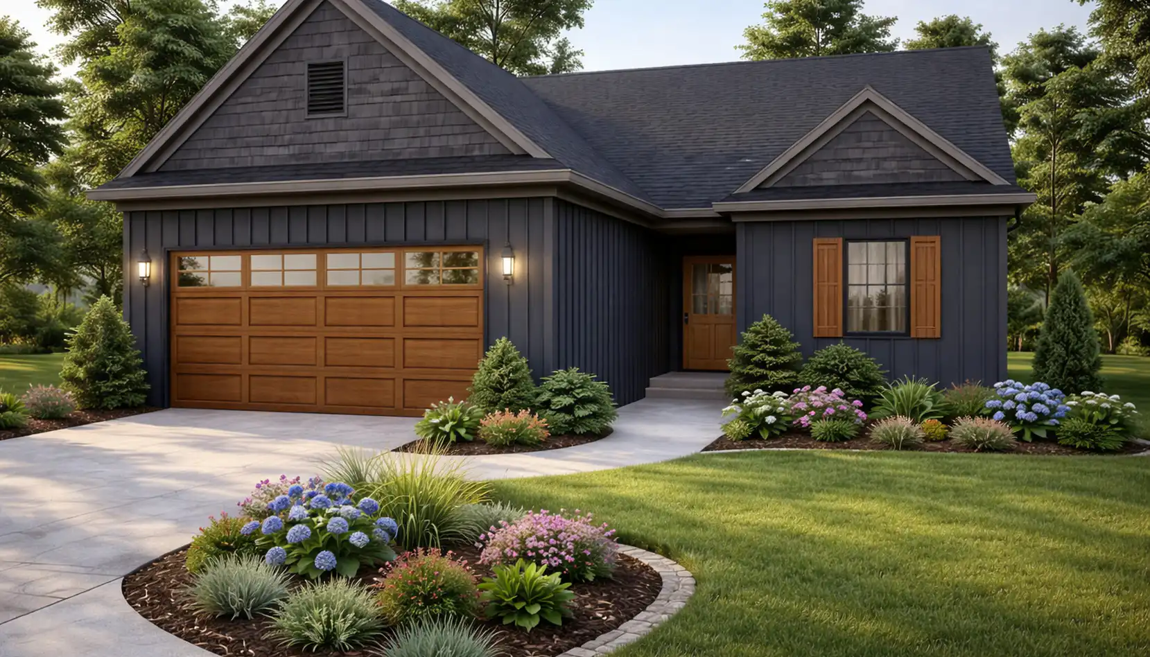 Modern Dark Blue House With Lush Landscaping