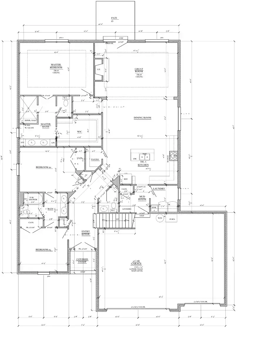 Eleanor 3-Car single-story home floor plan with bedrooms, bathrooms, central stairs, and attached garage.