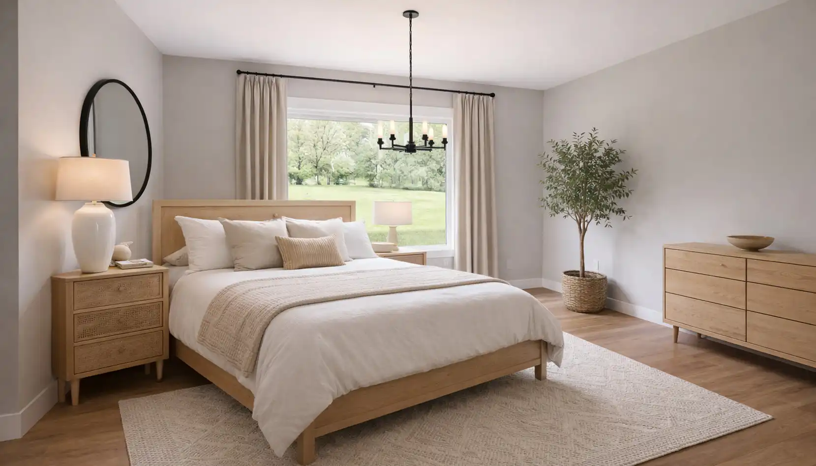 Modern bedroom with a wooden bed, nightstand, dresser, potted plant, and a large window with beige curtains. Neutral tones, soft lighting, and minimalist decor create a calm, inviting atmosphere—where the gentle morning song of a robin drifts in through the open window