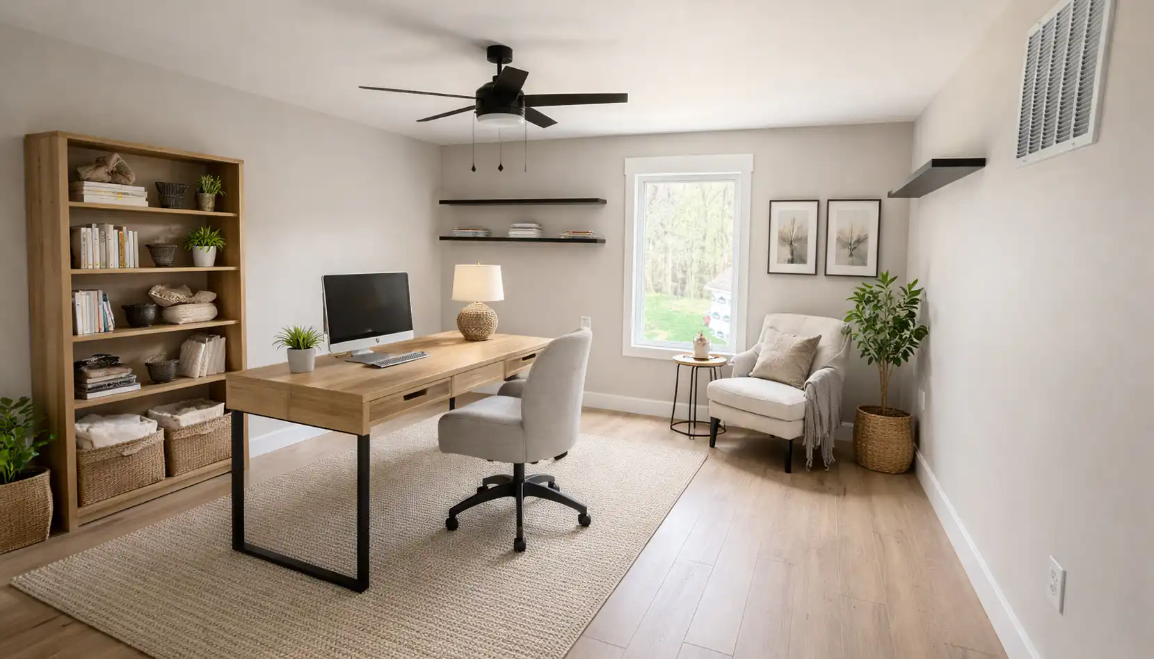 Minimalist home office with wooden desk, computer, gray chair, bookshelves, armchair, plants, neutral walls, and large window letting in natural light. A ceiling fan and framed art featuring a robin add to the cozy, organized atmosphere