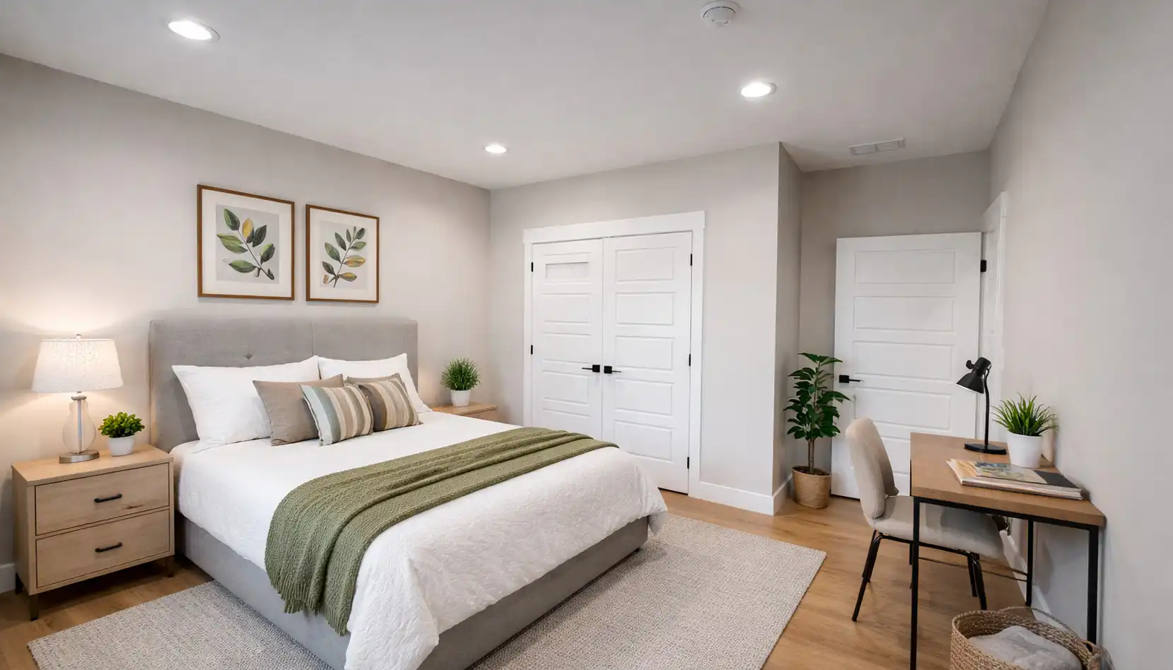 A modern bedroom with a neatly made bed, two nightstands, a desk with a chair, potted plants, and botanical art featuring a robin on the wall. The room has light-colored walls, wood floors, and white double doors
