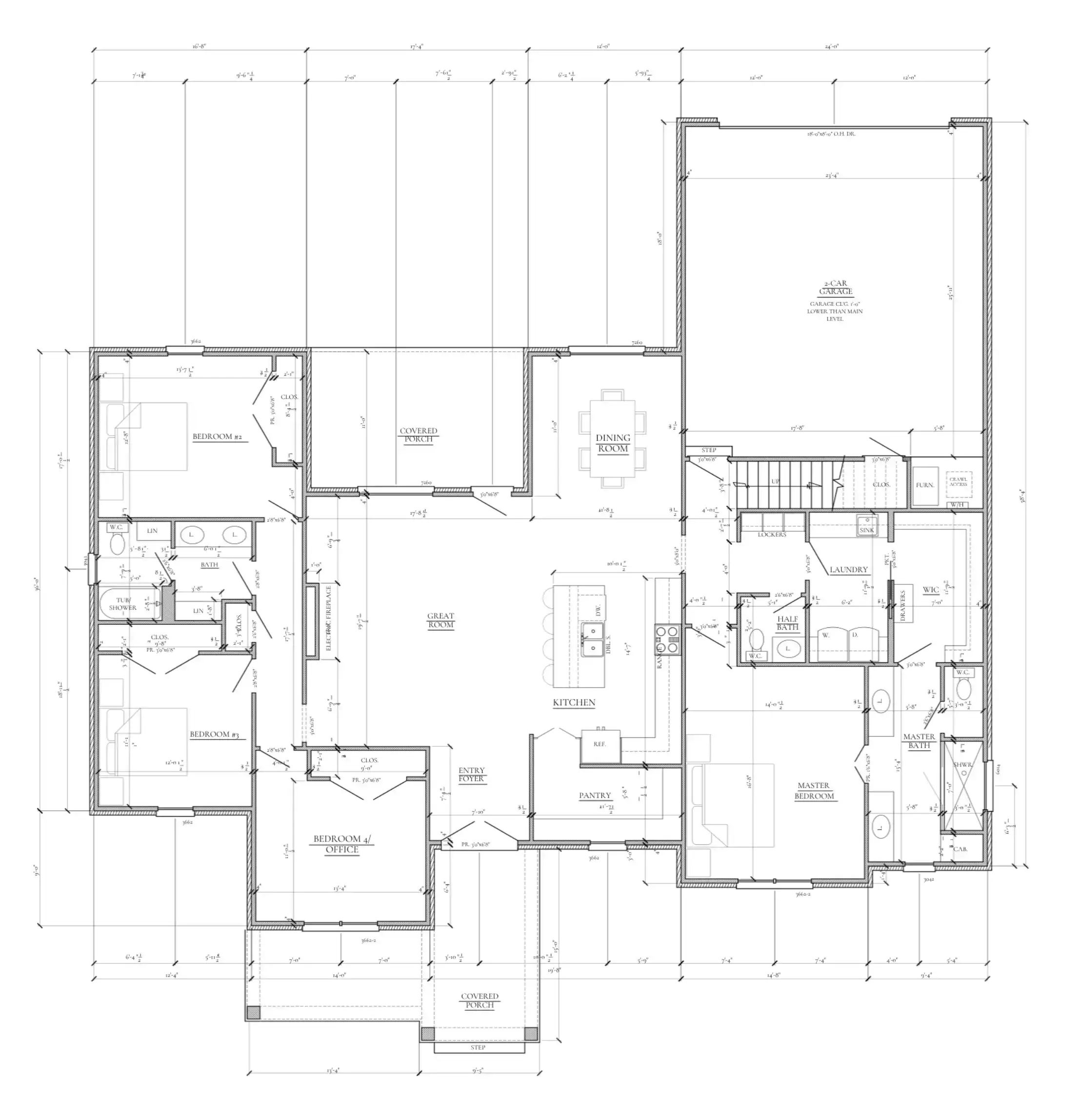 Detailed residential floor plan with bedrooms, bathrooms, open living space, staircase, and dimensions.