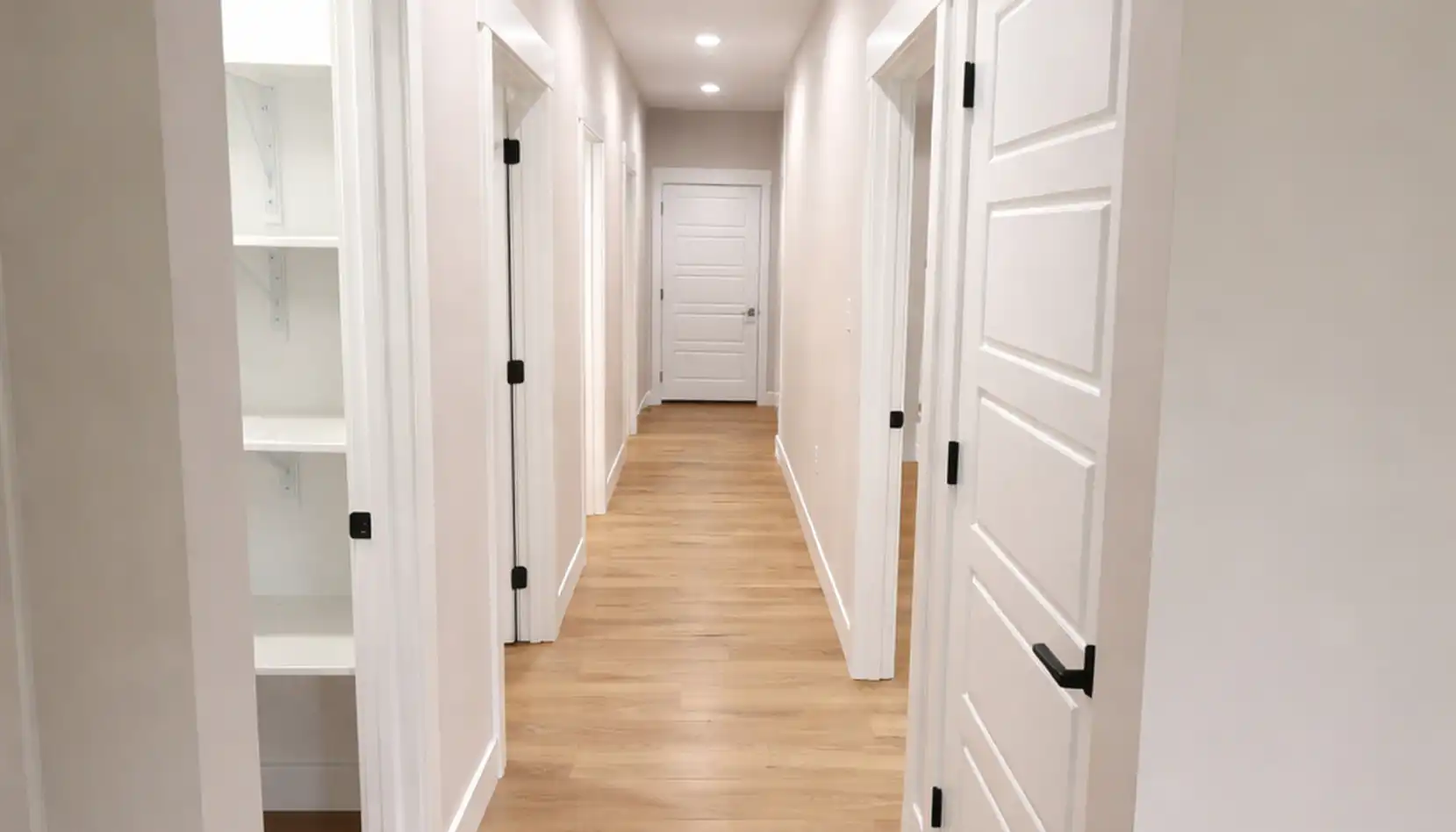 Robin’s Modern Hallway With White Doors and Wood Floors