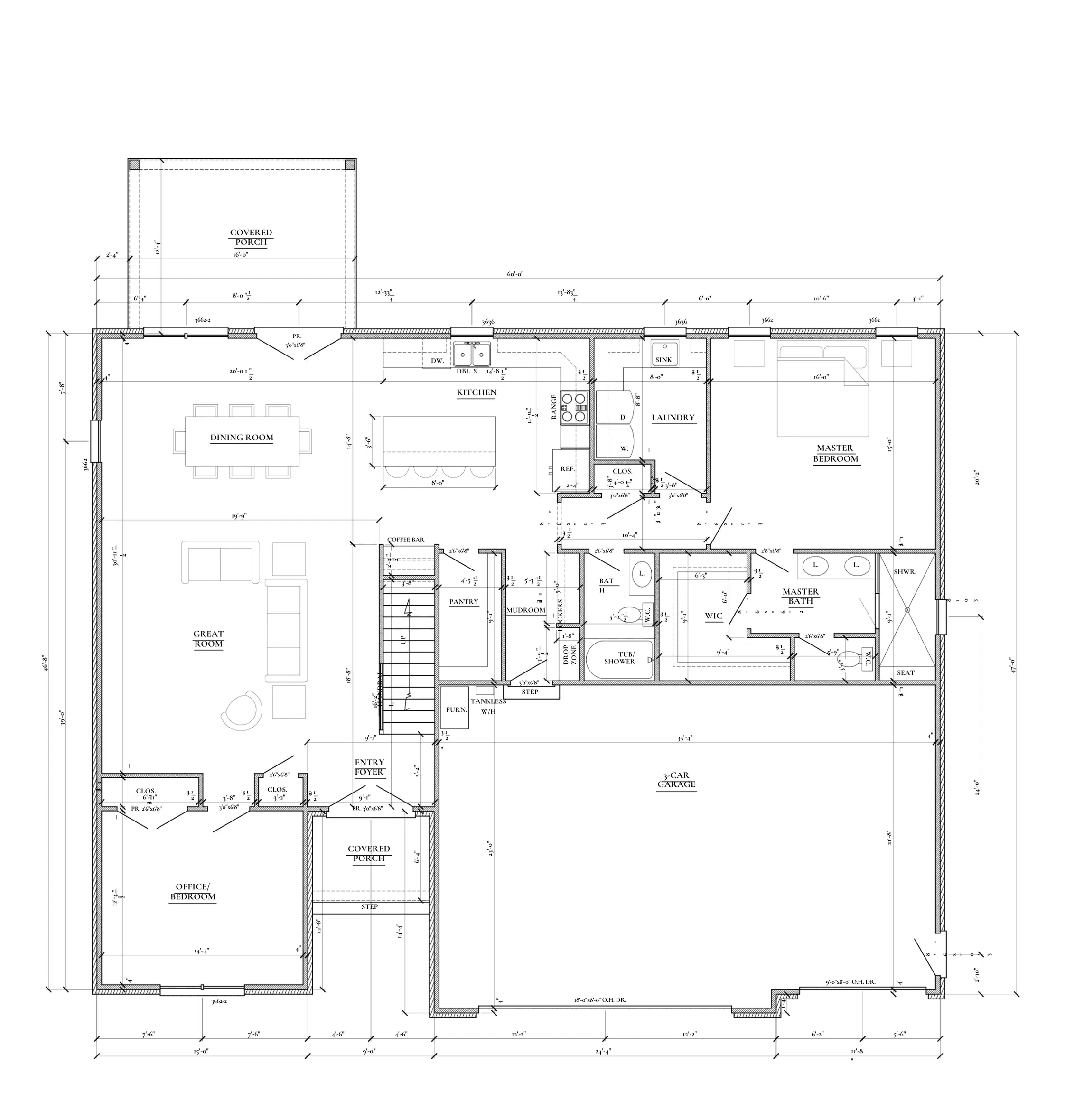 Modern home floor plan with open living area, central staircase, bedrooms, and attached garage.