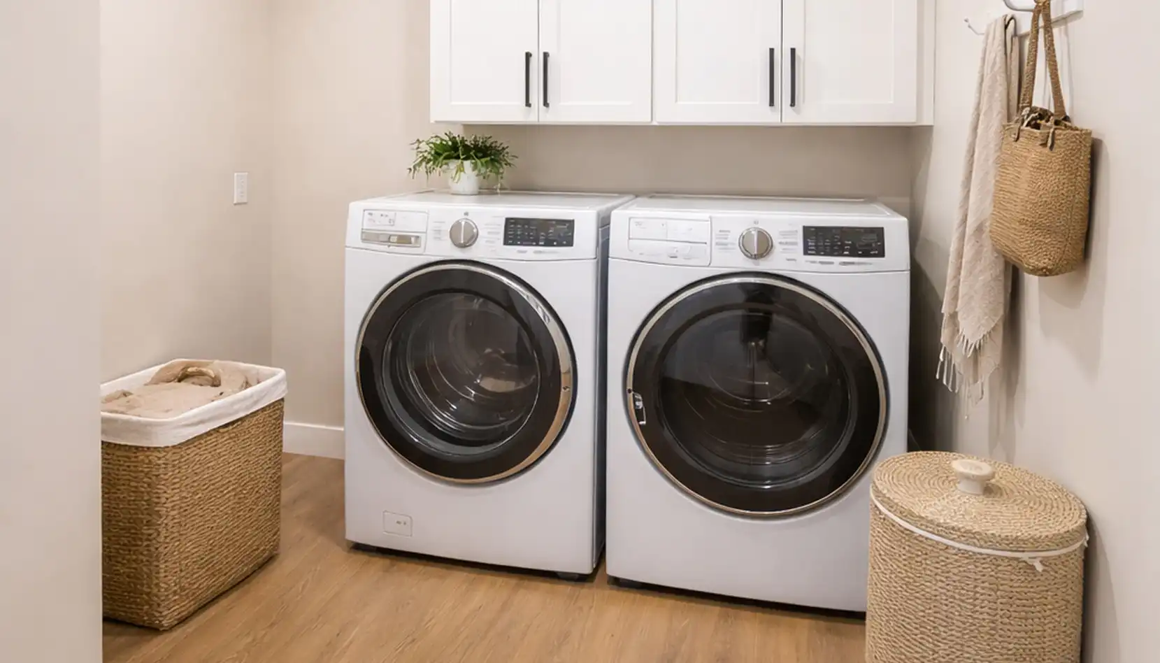 Modern laundry room with a washer and dryer side by side, white cabinets above, a plant on top, wicker laundry baskets, a towel hanging on a hook, and wood flooring—all enhanced by robin’s egg blue accents that add a touch of fresh color to the space