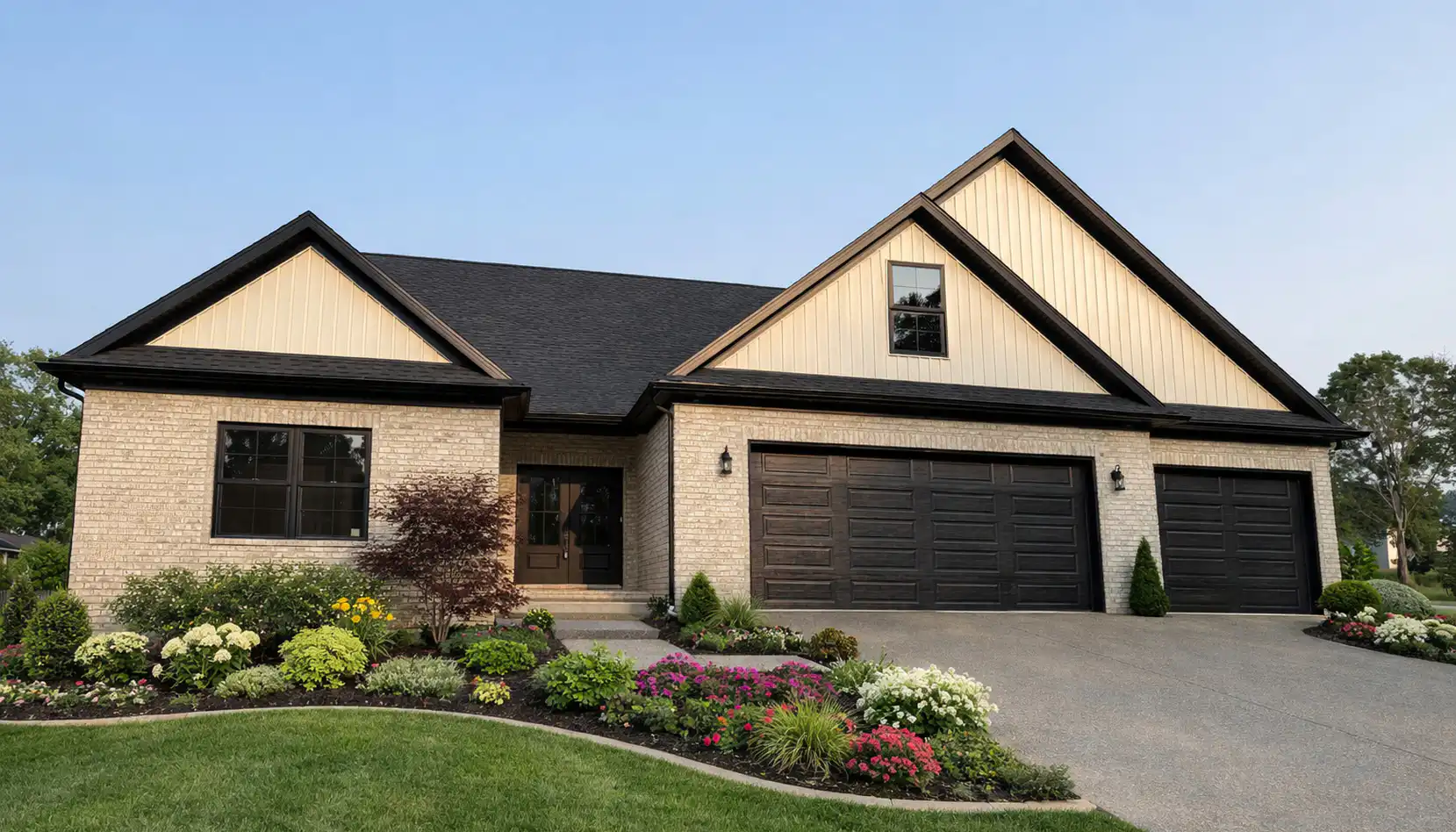 Modern suburban house with light brick and beige siding, dark brown trim, three-car garage, manicured lawn, and colorful flower beds in front. A charming Cooper Covered Porch welcomes guests beneath a clear blue sky