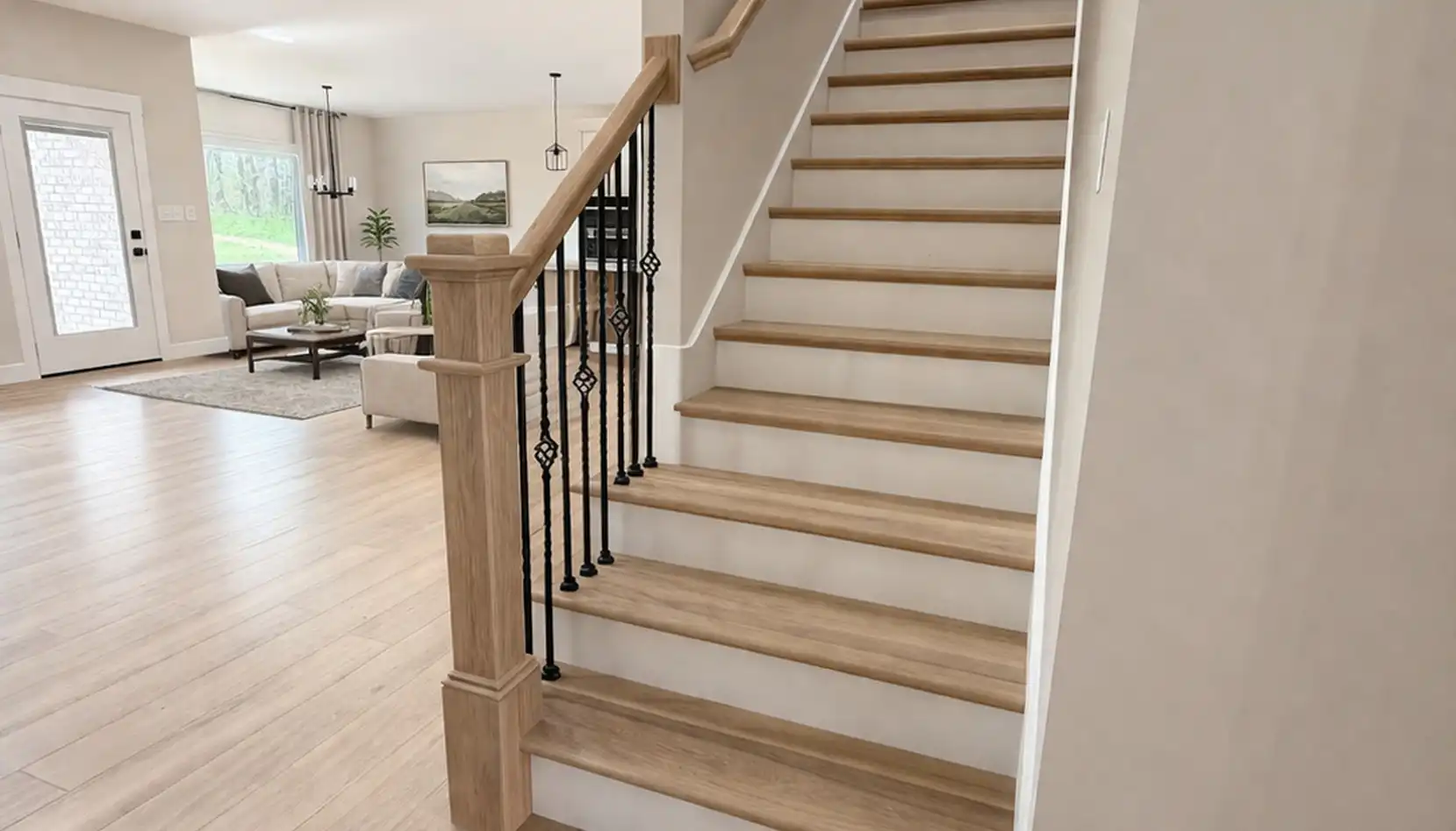 Robin on Modern Wooden Staircase With Black Spindles